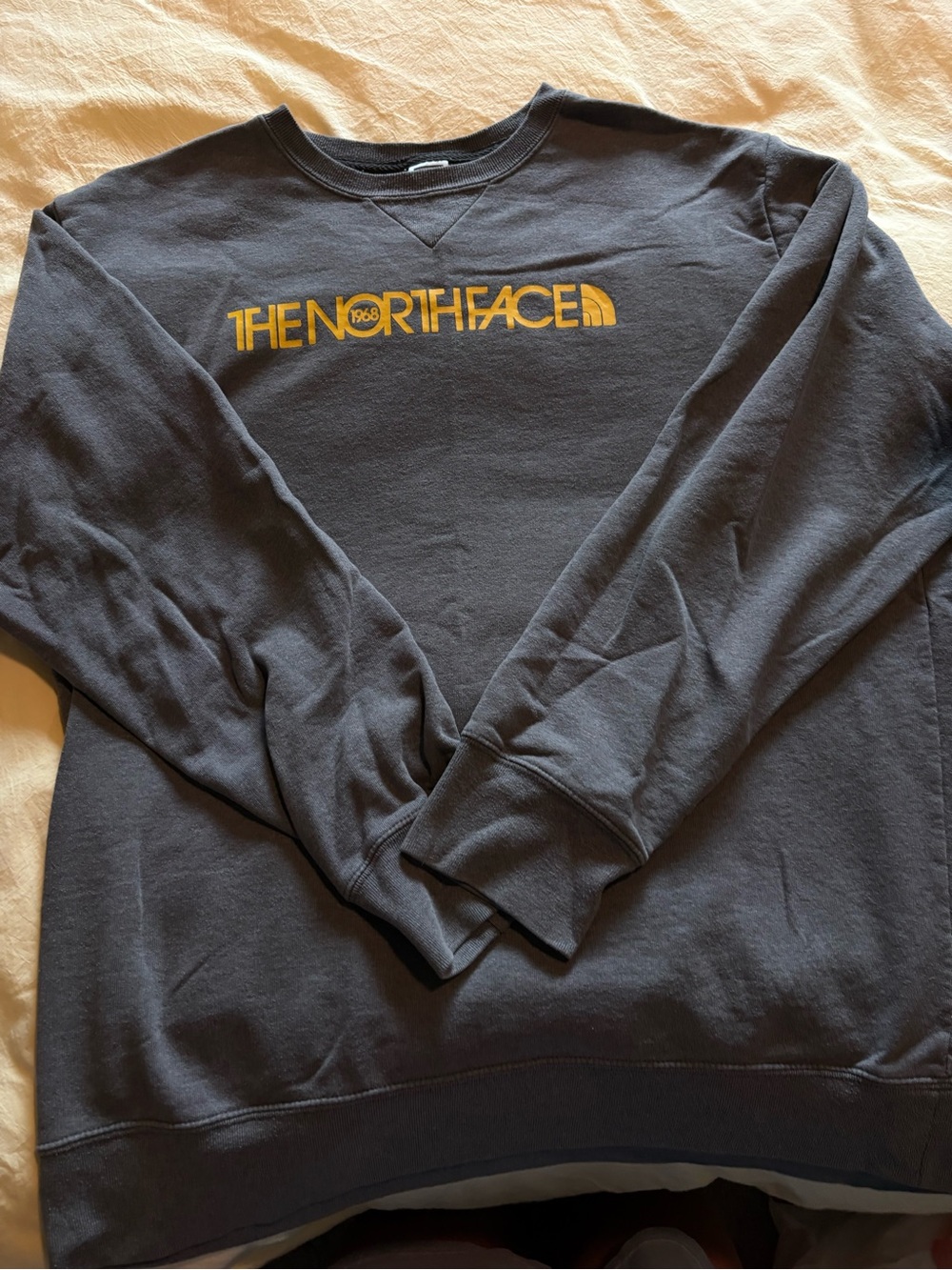 The North Face Men's Dark Gray Crewneck Sweatshirt with Yellow Logo